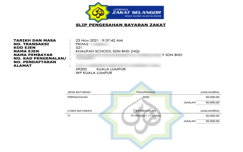 Contoh Resit Rasmi Zakat